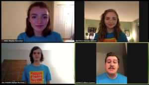 Students cast in UMW Theatre's first-ever virtual production, 'Much Ado About Nothing,' include, clockwise from top left: Maddie Petroskey as Hero, Hannah Chester as Beatrice, Nathan Marshak as Balthasar and Mitch Coomer as Leonato.