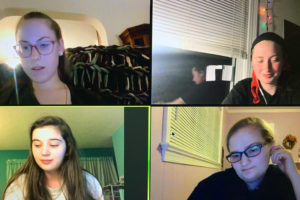 Clockwise from top left, sophomore Erin Schoff serves as stage manager, freshman Shannon Nichols serves as production assistant, senior Grace Weaver serves as first assistant stage manager, and sophomore Olivia Harrington serves as second assistant stage manager. The four talk after a recent rehearsal of 'Much Ado About Nothing' via Zoom.