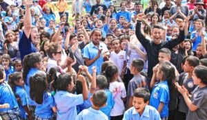 Fujiyama and children at the groundbreaking of the high school in Villa Soleada, Honduras in 2018. The building was finished earlier this year, right before the coronavirus outbreak. Photo courtesy of SHH.