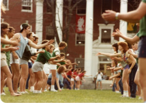 Students participate in an egg toss on Devil Goat Day in 1983. Photo courtesy of Simpson Library Special Collections.