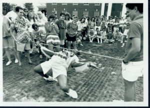 Students compete in a limbo contest on Devil Goat Day in 1989. Photo courtesy of Simpson Library Special Collections.