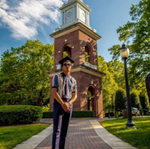 2020 graduate Cameron Coates stands in front of the Carmen Culpeper Chappell Centennial Campanile on UMW's campus. "Mary Washington has such a welcoming community that's made me feel at home since I first stepped on campus my freshman year," said Coates, a communications and digital studies major. "Everyone strives for greatness, and I couldn't be more thankful to be a part of an amazing student body with amazing faculty members."
