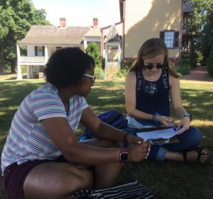 Kelsey Chavers (left) and Kylie James (right) record results of how a tour was conducted at James Monroe's Highland Plantation in Charlottesville. The two were among eight Mary Washington students, throughout a four-year period, who helped with the research.
