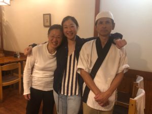 Mirai Nagasu (center) with her parents at Sushi Kiyosuzu in Los Angeles. The traditional mom-and-pop Japanese restaurant received a boost from the Power of 10 initiative and now its cooks are preparing meals for essential workers. Photo Credit: Mirai Nagasu.