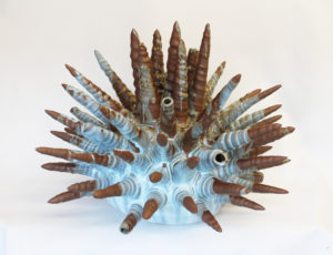 A 2016 virus sculpture was more spiky and symmetrical than the current pieces. Photo Credit: Hadrian Mendoza.