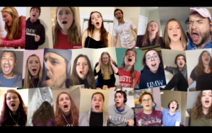 Seven UMW students participated in Adam Gwon's 'Get Me Outta Here' video, the largest group from any university. Top row: Oscar León '22 (second from left) and Hannah Chester '23 (third from right). Middle row: Genesis Simmons '23 (fourth from left) and Riley Salazar '22 (third from right). Bottom row: Diana Bloom '21 (third from left), Lydia Hundley '20 (third from right) and Jessica Elkins '20 (far right).