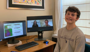 After phone and Google Hangout interviews, Fendley (right) was hired by Steenberg (screen, right) to join the team at JSTech Consulting, which also includes Samantha Quigley (screen, left). 