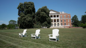 The iconic Adirondack chairs on UMW's Ball Circle are now situated farther apart, due to the threat of COVID-19. The look and feel of campus will be different when students return next month, but administrators are committed to preserving as much UMW pizazz as possible.
