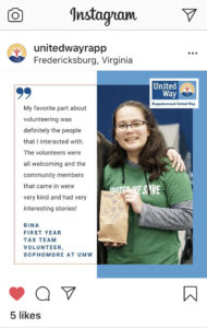 Junior Rina Murasaki spent the early part of the spring semester serving as a tax team volunteer for Rappahannock United Way, but her service ended when COVID-19 hit. Though volunteers are unable to help in person, she said, local residents can continue to find free online services at ruwfreetaxes.org.