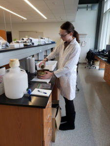 Junior Catherine Crowell was able to work mostly from home, but she made a trip to the Jepson Science Center to use one of its spacious labs for her research. Her advisor was Assistant Professor of Earth and Environmental Science Tyler Frankel. Photo Credit: College of Arts and Sciences.