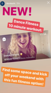 Assistant Director of Campus Recreation Brittanie Naff leads a 10-minute dance fitness workout on Instagram Live.