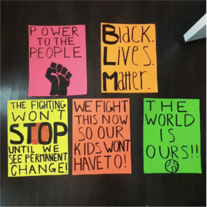 Several incoming first-year students joined Black Lives Matter marches in their hometowns and hope to continue being active in the movement at UMW. One student submitted a photo of BLM posters as an artifact.