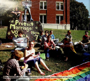 PRISM leads a group of student protestors in support of same-sex marriage at the Spirit Rock in 2007. Photo courtesy of UMW Libraries' Special Collections and University Archives/Battlefield Yearbook.