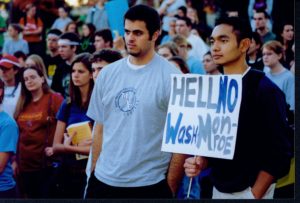 Dave Beekman (left) and Miguel Laygo (right) were among the students who attended a "Save the Name" rally in spring 2004 to urge the school to keep "Mary Washington" in its name. Photo courtesy of UMW Libraries' Special Collections and University Archives.
