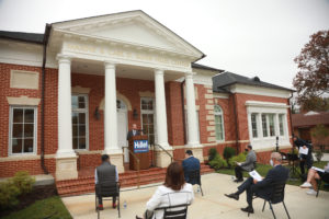 Rabbi Menachem Sherman speaks at yesterday's abbreviated soft opening for the Maxine and Carl D. Silver Hillel Center. Photo by Karen Pearlman.