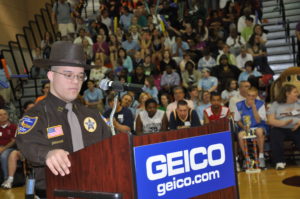 Matthew Doyle, who has Down Syndrome, will deliver the keynote address for UMW's Disability Awareness Month celebration on Thursday, Oct. 15 at 5 p.m. Here, Doyle delivers a speech at the Special Olympics State Basketball Championships several years ago.