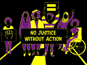 "No Justice Without Action" logo created by Mandy Byrd.