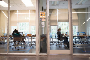 Students work in single occupant study rooms in the Hurley Convergence Center. Photo by Suzanne Carr Rossi.