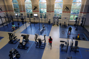 Students must reserve a time to use UMW's Fitness Center and wear a mask during their workout. Equipment is spread out for social distancing and sanitized between uses. Photo by Suzanne Carr Rossi.