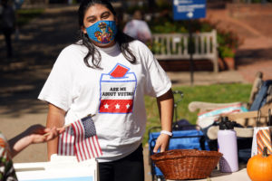 Stephanie Turcios volunteers for UMW Votes, one of the campus civic organizations helping Mary Washington students prepare to vote. Photo by Suzanne Carr Rossi.