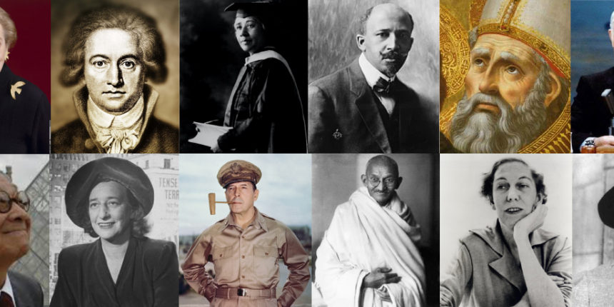 Profiled by UMW faculty members, the subjects of this season's Great Lives series include (top row) former Secretary of State Madeleine Albright, German writer and statesman Johann Wolfgang von Goethe, sociologists and civil rights activists Anna Julia Cooper and W.E.B. Du Bois, St. Augustine, late night host Johnny Carson, (bottom row) architect I.M. Pei, playwright Lillian Hellman, General Douglas MacArthur, nonviolent leader Mohandas K. Gandhi, Southern writer Eudora Welty and Harlem Renaissance author Zora Neale Hurston.