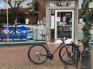 A bicycle parked at a rack outside of Bike Works, a supporting partner of Bike FXBG. Local small business owners will have final say over the locations of the bike racks, shelters and corrals that will be installed around Fredericksburg, thanks to a grant and donations secured by Fredericksburg Main Street.