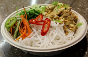 UMW Dining earned People for the Ethical Treatment of Animal's top rating for its commitment to offering vegan and vegetarian meals, like this tofu noodle bowl, which make up nearly 50 percent of menu items served. Photo courtesy of UMW Dining.