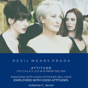 A J-term course called Management and Film asks students to analyze workplaces depicted in movies like "The Devil Wears Prada." This image is among those Assistant Professor of Management Alexandra Dunn has posted on Instagram, @dr.alex.dunn, to document the course.