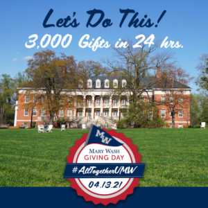 Mary Wash Giving Day gifts will donate students and programs across the University. A goal of 3,000 gifts has been set, and with a $5 gift minimum, participants are asked to help unlock additional challenge amounts by meeting participation benchmarks throughout the day.