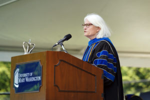Provost Nina Mikhalevsky takes the podium during one of three Commencement ceremonies for the Class of 2020. Photo by Suzanne Carr Rossi.