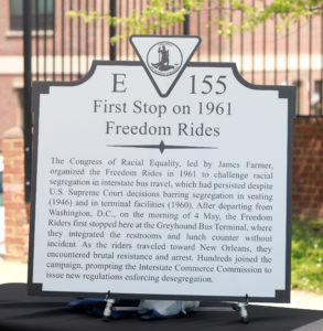 Today, on the 60th anniversary of the start of the Freedom Rides, a temporary historic marker was unveiled at the site of the former Fredericksburg bus station, where the Freedom Riders first stopped in 1961. The marker is the result of efforts by UMW staff, faculty and students, in partnership with the City of Fredericksburg. Photo by Karen Pearlman.