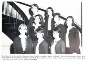 Cathie O'Connor Woteki (second row, far right) served as treasurer of her sophomore class at Mary Washington. Photo Credit: Special Collections and University Archives, Battlefield Yearbook, 1967.