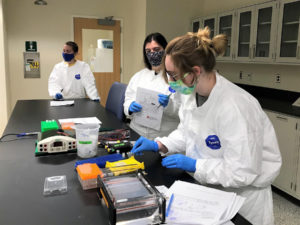 Maddie Lichter (center) and fellow students in the SMSC undergraduate program learn how to extract DNA from scat to learn more about endangered species, their diets and their genetic health. Photo Credit: Smithsonian-Mason School of Conservation.