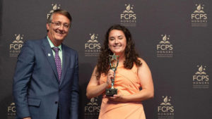 Amelia Carr with Fairfax County Public School Superintendent Scott Braband after receiving the 2021 New Elementary School Teacher award. Photo courtesy of Fairfax County Public Schools.