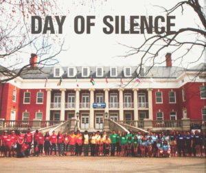 Members of the Mary Washington community take part in Day of Silence, a worldwide student-led demonstration in which participants take a vow of silence in protest of discrimination and harrassment against the LGBTQ community. Photo courtesy of UMW Libraries' Special Collections and University Archives.