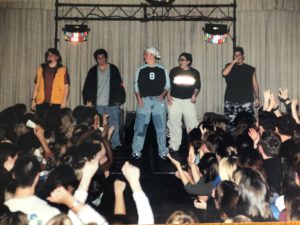 At Mary Washington's first-ever drag show, a group of female students performed as Out of Sync, a take on late '90s boy band 'N Sync. From left to right, Jennifer "Jiff" Fortner ’02, Virginia Bach ’02, Carrie Hardin ’01, Robin Farmer and Lanie Pepitone. Photo courtesy of Mark Thaden.