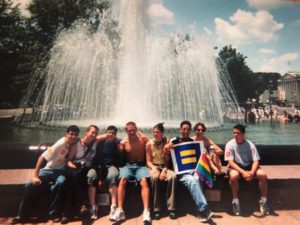 Mary Washington students and friends at Pride Week in D.C. in 2002. In this photo: Nathan Figueroa ’04, Elizabeth Elzer ’05, Robin Farmer, Ron Farmer, Sarah Wentz ’02, Lauren Taylor ’02 and Stuart Lam ’02. Photo courtesy of Mark Thaden.