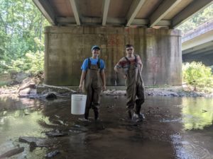 Seniors Sarah Kerner and Alex Fernandez collect samples at Deep Run in Stafford for research projects they're working on with Assistant Professor of Biological Sciences Brad Lamphere.