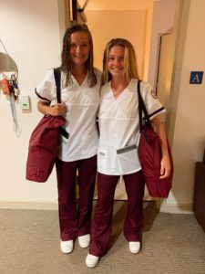Roommates Katherine Brady and Abigail Zimmerman dressed in their scrubs for the first time. UMW nursing students in the 1+2+1 program live together as a cohort on the UMW campus and complete an RN degree and clinicals at Germanna, in addition to their BSN coursework through Mary Washington. Photo courtesy of Abigail Zimmerman.