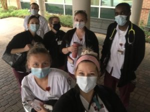 UMW nursing students, who live and learn together in a cohort in the 1+2+1 program, take a selfie together outside Mary Washington Hospital after their last clinical rotation in the spring. Photo courtesy of Abigail Zimmerman.