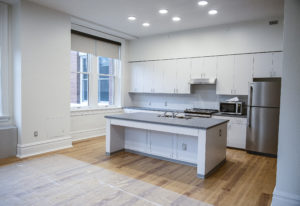 Construction of a faculty apartment was part of the Virginia Hall renovation. Once occupying this space was the president's office office with an entrance on Campus Walk that had since been closed but was restored during the renovation. Photo by Tom Rothenberg.