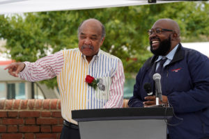 Freedom Rider Dion Diamond laughs with JFMC Assistant Director Christopher Williams, who spearheaded the historical marker project, which is only the third marker on the Virginia Civil Rights Trail. Photo by Suzanne Carr Rossi.