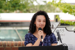 UMW student Sydney Baylor, who helped bring the project to fruition, read aloud the names of the original Freedom Riders, while a bell tolled for each. Photo by Suzanne Carr Rossi.