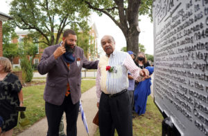 Vice Mayor Chuck Frye chats with Freedom Rider Dion Diamond about the historical marker unveiled in Fredericksburg yesterday. Photo by Suzanne Carr Rossi.