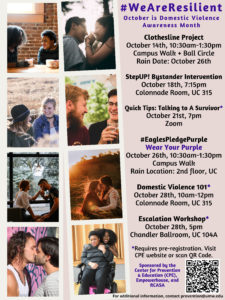 Domestic Violence Awareness Month Events: https://diversity.umw.edu/prevention/get-involved/attend-upcoming-events-and-programs-2/