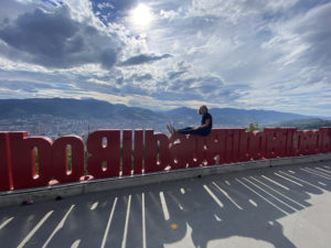 Repko sits atop the Bilbao sign in Spain, where she is earning a master’s degree in international relations and business diplomacy at Universidad de Deusto.