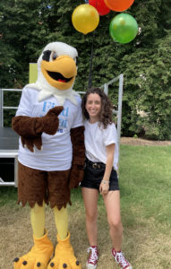 Elena De Fazio takes a photo with Sammy D. Eagle at a pep rally at the start of the school year. She’s found plenty of activities to take part in at UMW, including serving as a visiting language coordinator planning Italian cultural events on campus.