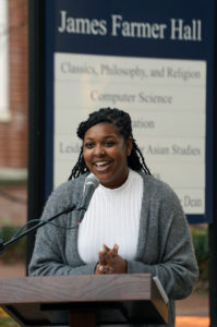 Student Government Association President Brianna Reaves spoke about how Dr. Farmer's teachings and legacy continues to impact today's students at Mary Washington. Photo by Suzanne Carr Rossi.