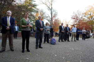 A crowd of about 100 people gathered on Thursday afternoon on Campus Walk to honor the late civil rights icon and Mary Washington history professor Dr. James L. Farmer Jr. Photo by Suzanne Carr Rossi.