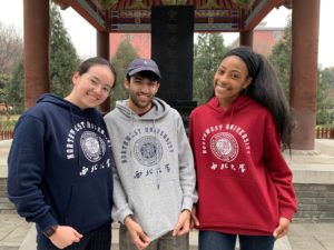 Johnson (right) with University of Antwerp students Sonia Debock and Ali Durrani. The trio took a language class together at Northwest University in Xian, China.